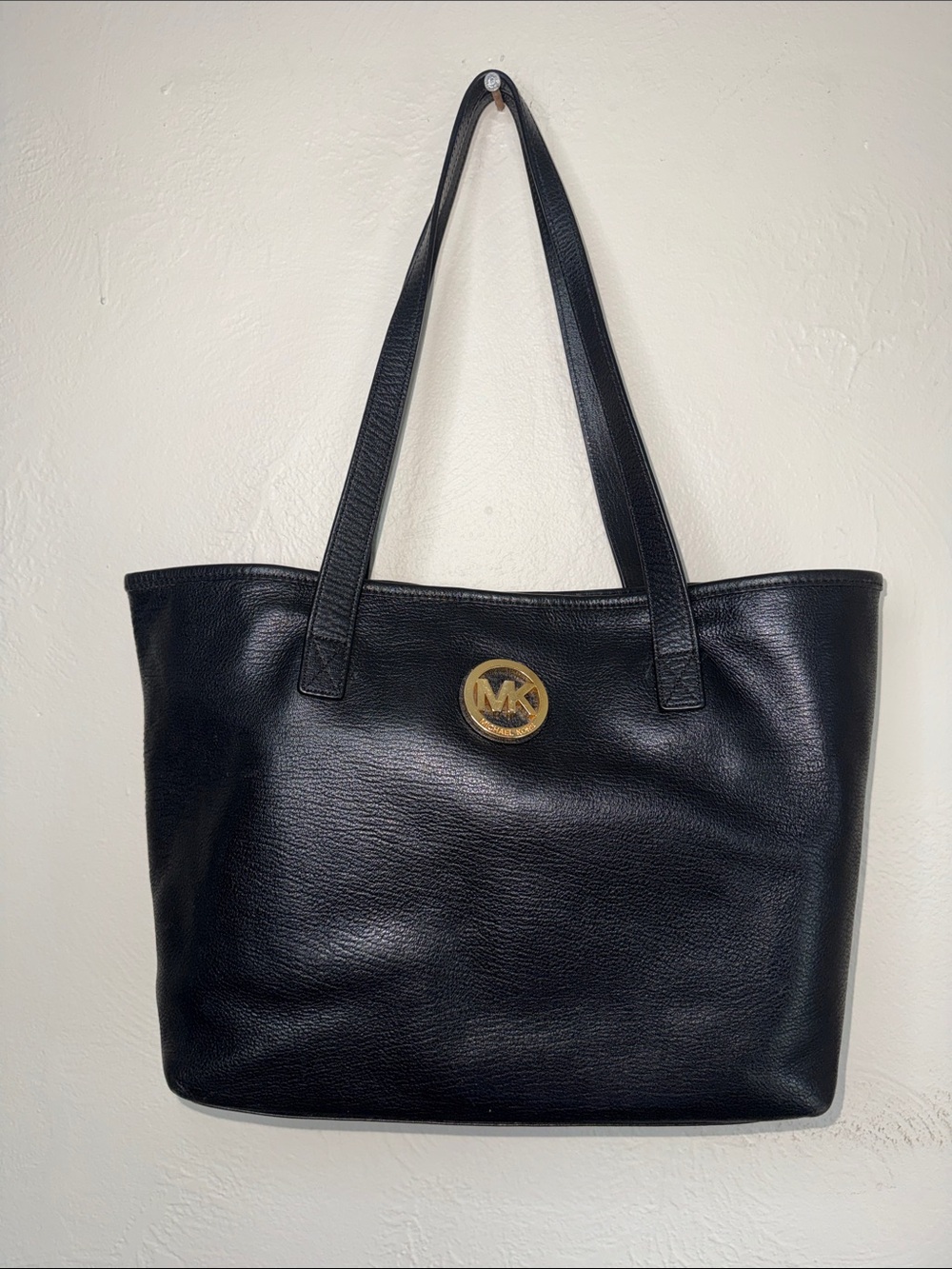 Michael Kors‎ Black Pebbled Leather Tote Bag Gold MK Logo Shoulder Bag